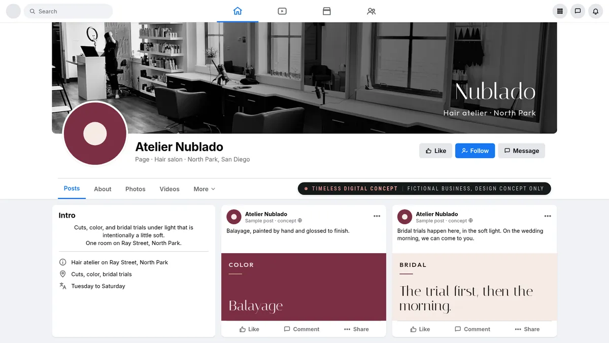 Facebook page mockup for Atelier Nublado, a fictional business