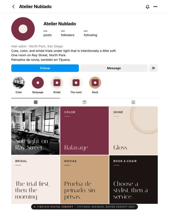 Instagram page mockup for Atelier Nublado, a fictional business