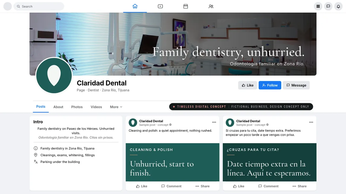 Facebook page mockup for Claridad Dental, a fictional business