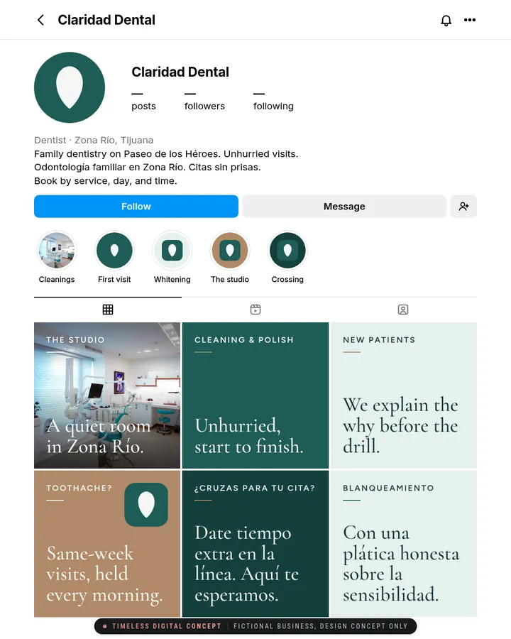 Instagram page mockup for Claridad Dental, a fictional business