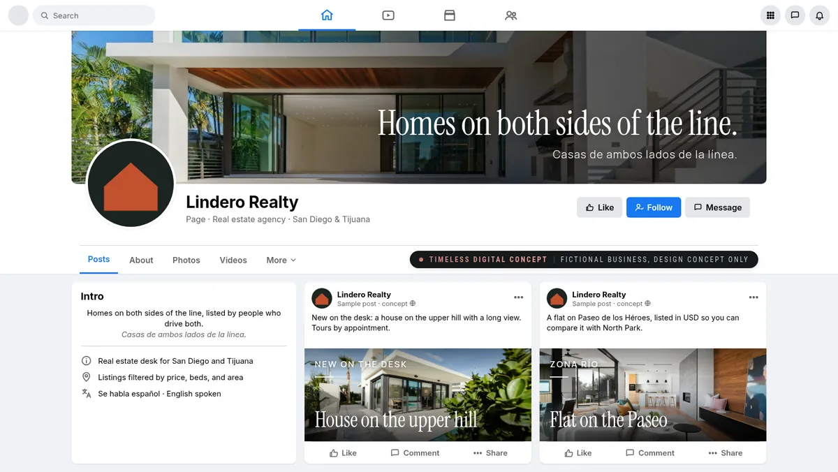 Facebook page mockup for Lindero Realty, a fictional business