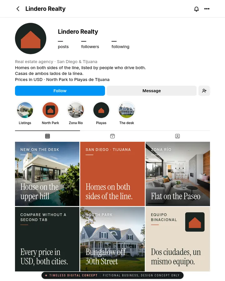 Instagram page mockup for Lindero Realty, a fictional business