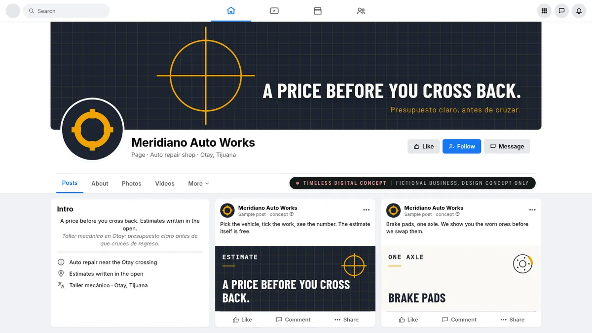 Facebook page mockup for Meridiano Auto Works, a fictional business