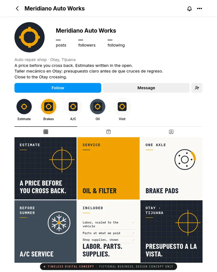 Instagram page mockup for Meridiano Auto Works, a fictional business