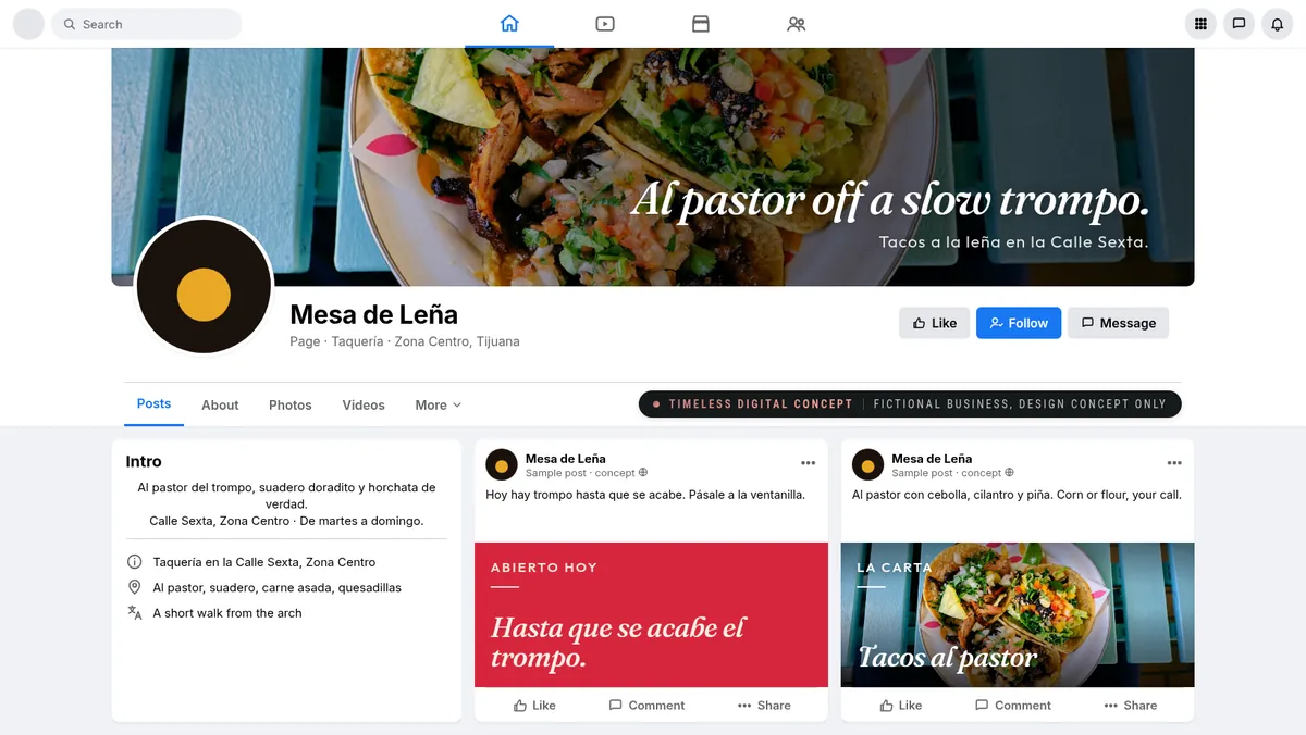 Facebook page mockup for Mesa de Leña, a fictional business