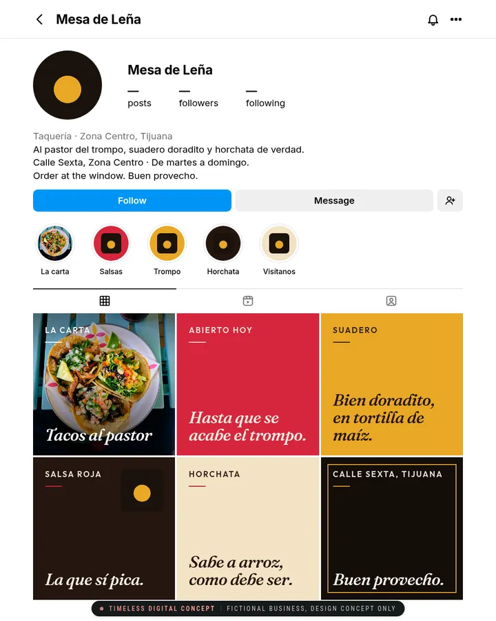Instagram page mockup for Mesa de Leña, a fictional business