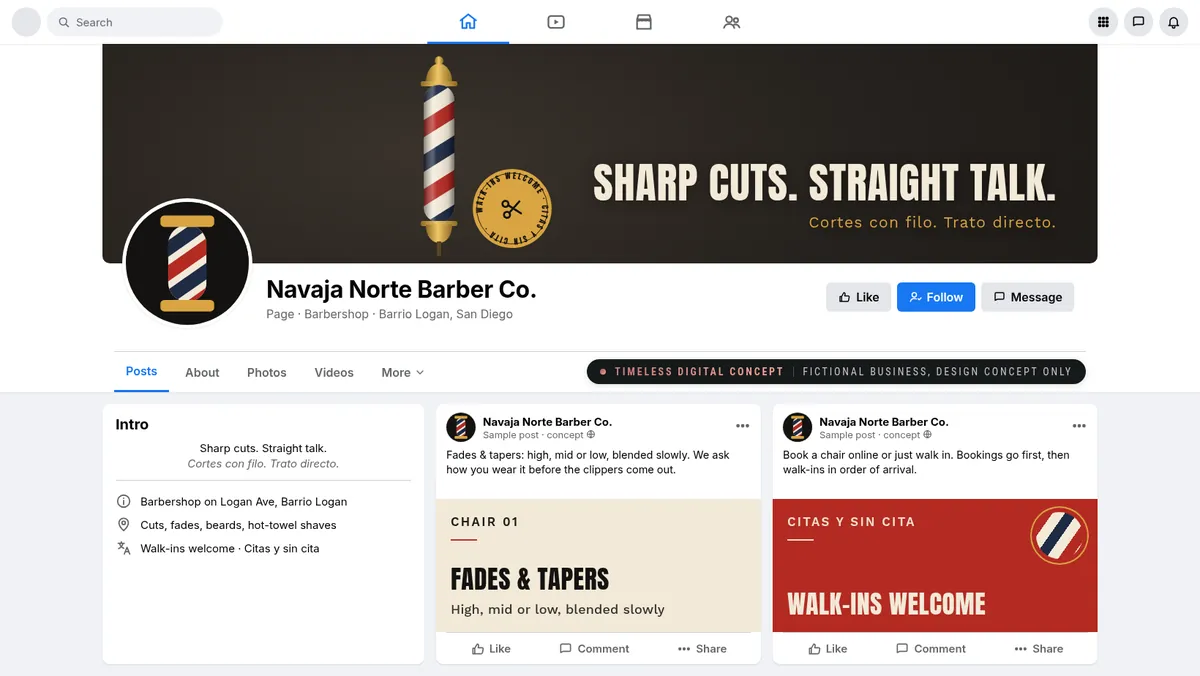 Facebook page mockup for Navaja Norte Barber Co., a fictional business