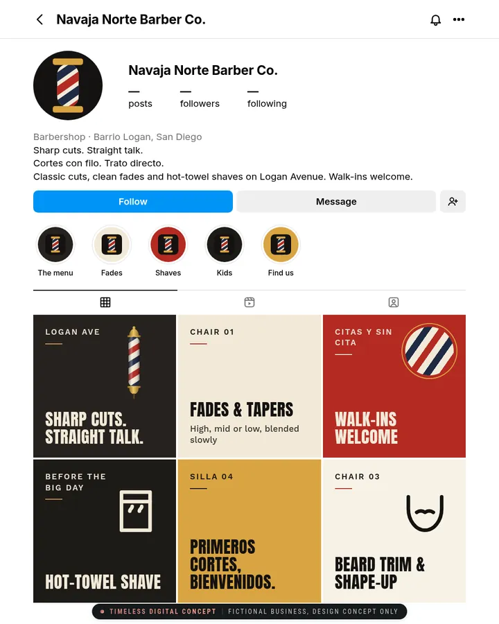 Instagram page mockup for Navaja Norte Barber Co., a fictional business