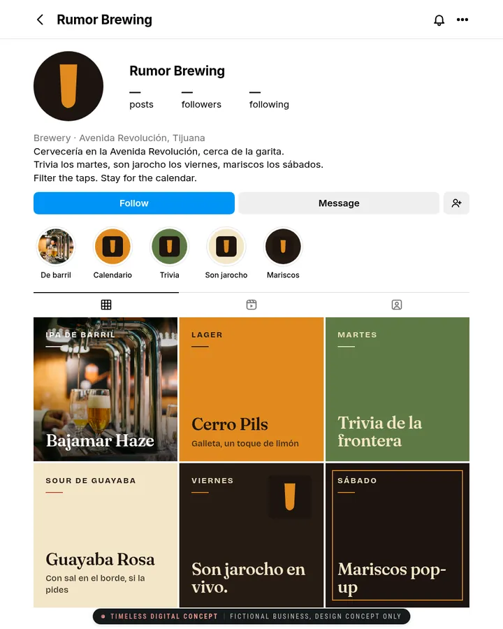 Instagram page mockup for Rumor Brewing, a fictional business